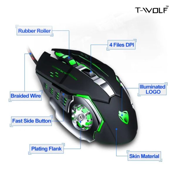 T-WOLF V6 USB Interface 6-Buttons 3200 DPI Wired Mouse Gaming Mechanical Macro Programming 7-Color Luminous Gaming Mouse, Cable Length: 1.5m - Image 3