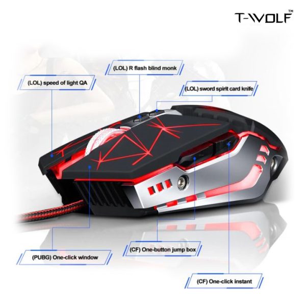 T-WOLF Professional V7 USB Wired Macro Programming Mouse 7 Buttons Adjustable 4800DPI Optical PC Mechanical Gaming Mice LED Backlight Star Black - Image 3