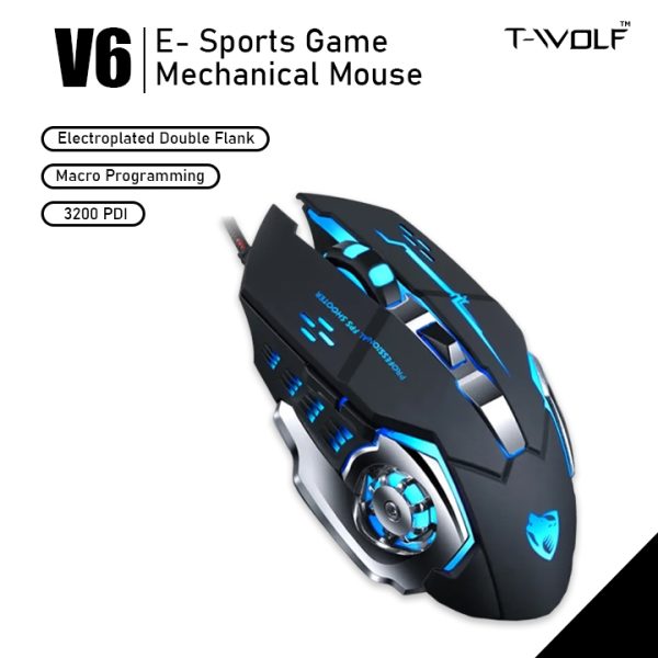 T-WOLF V6 USB Interface 6-Buttons 3200 DPI Wired Mouse Gaming Mechanical Macro Programming 7-Color Luminous Gaming Mouse, Cable Length: 1.5m