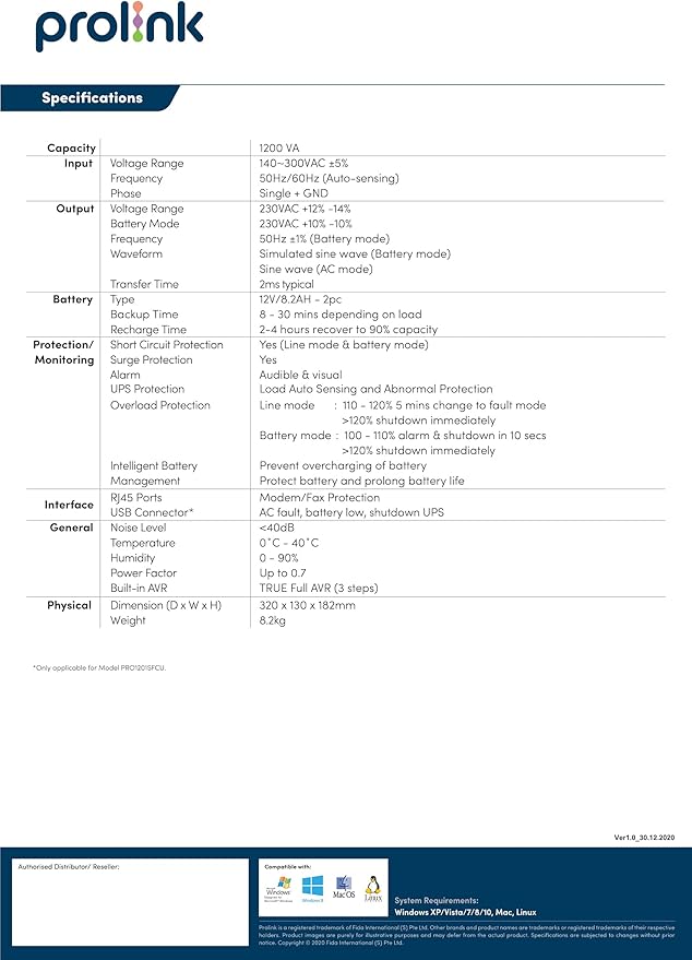 Prolink PRO1201SFCU 1200VA Super-Fast Charging UPS Power ( Battery 01 Year Warranty ) UPS ( 02 Year Warranty ) - Image 2